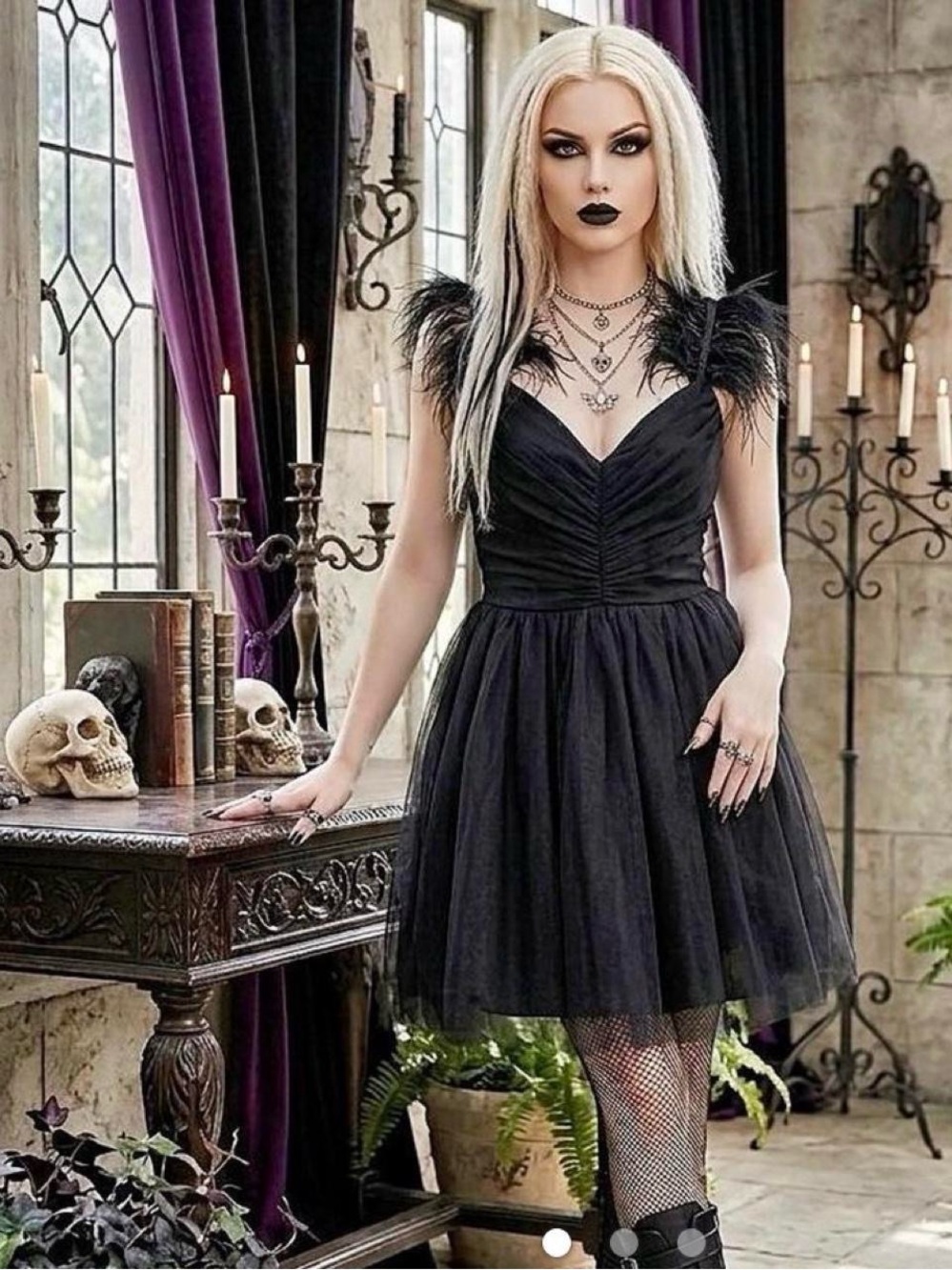 Fashion Nova Black Feather-Shoulder V-Neck Mini Dress